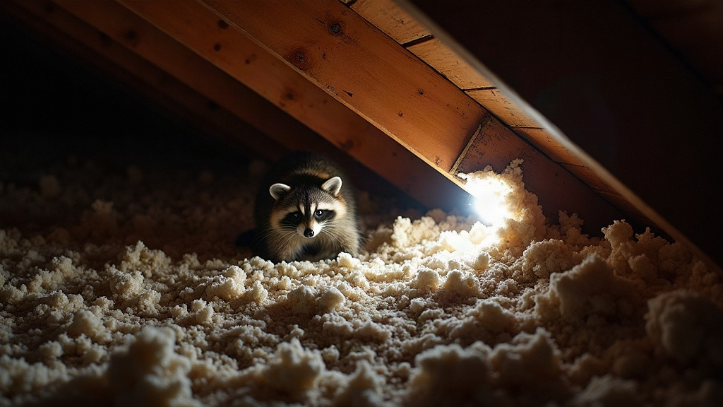 Raccoon in the attic insulation of a Kansas City home, caught in a flashlight beam