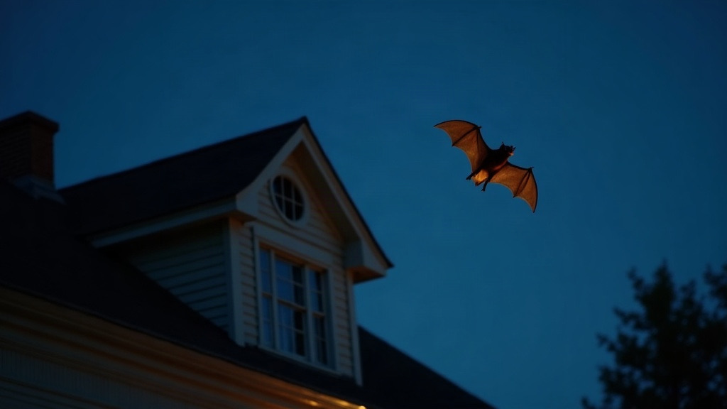 Bat leaving a gable vent at dusk on an older Kansas City home