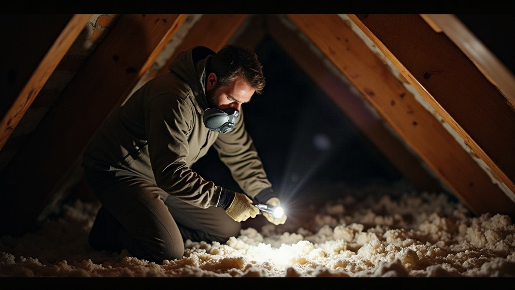 Wildlife removal technician in PPE inspecting the attic of a Kansas City home