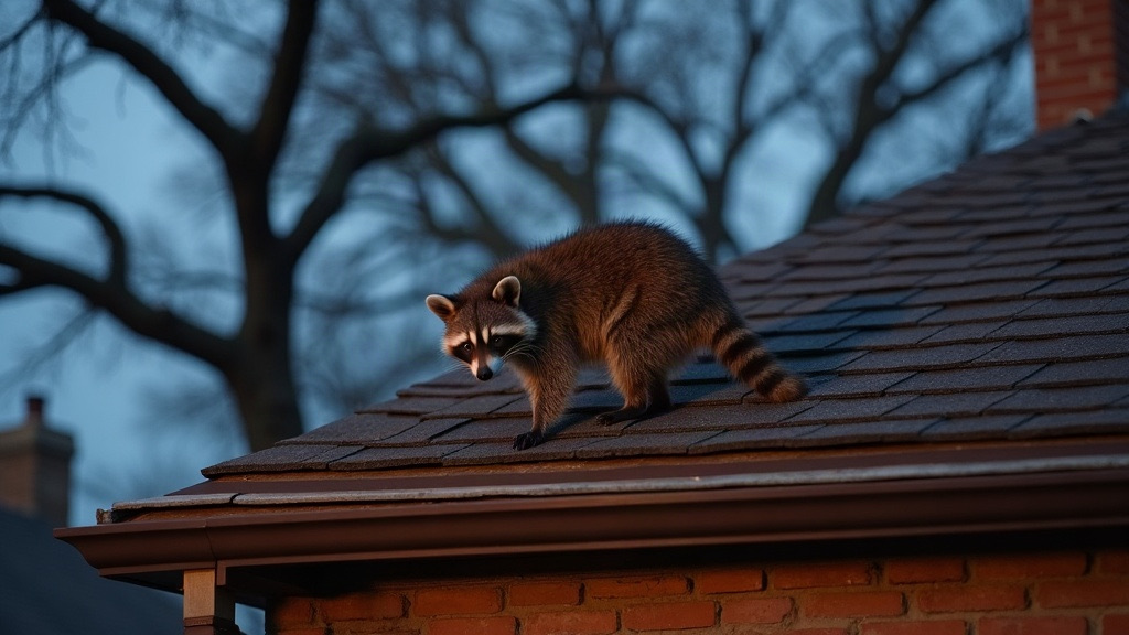 Raccoon on the roof of a Kansas City home beside a torn soffit entry point