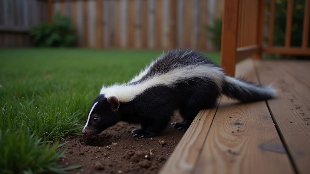 Striped skunk at the edge of a backyard deck in Lee's Summit, Missouri at dusk