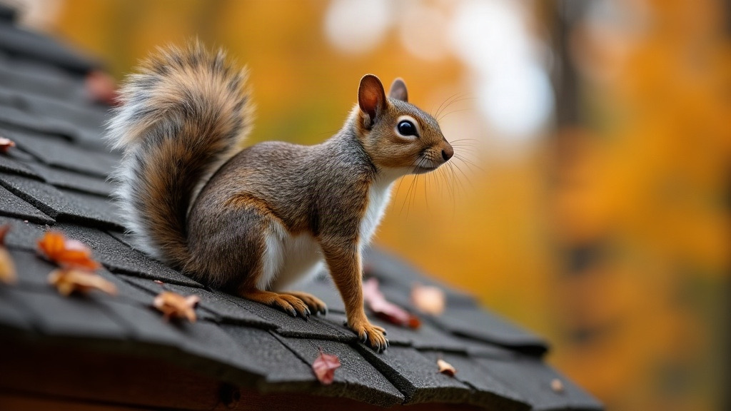 Fox squirrel at the roof edge of a Kansas City home near a chewed gable vent